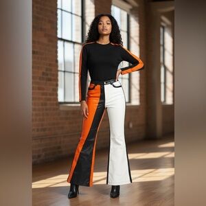 Rivir Colorblock Boot cut Pants  and  Bodysuit Top Set-Black, Orange, and White